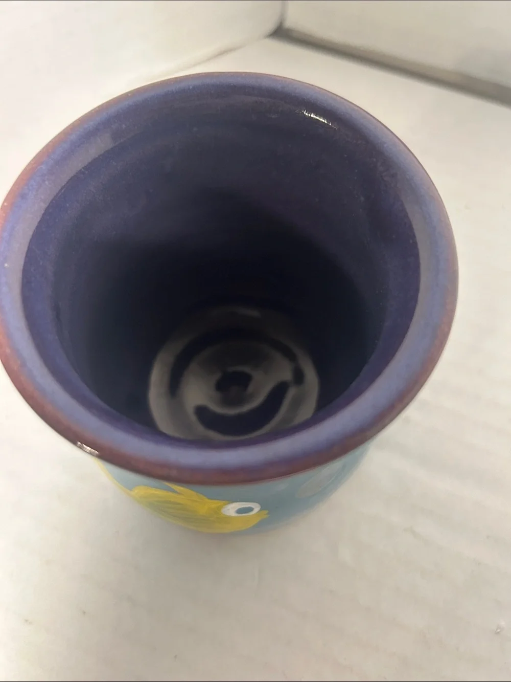 Hand-Painted Blue Ceramic Fish Cup - Yellow Fish Design 3 1/2 inch tall Signed